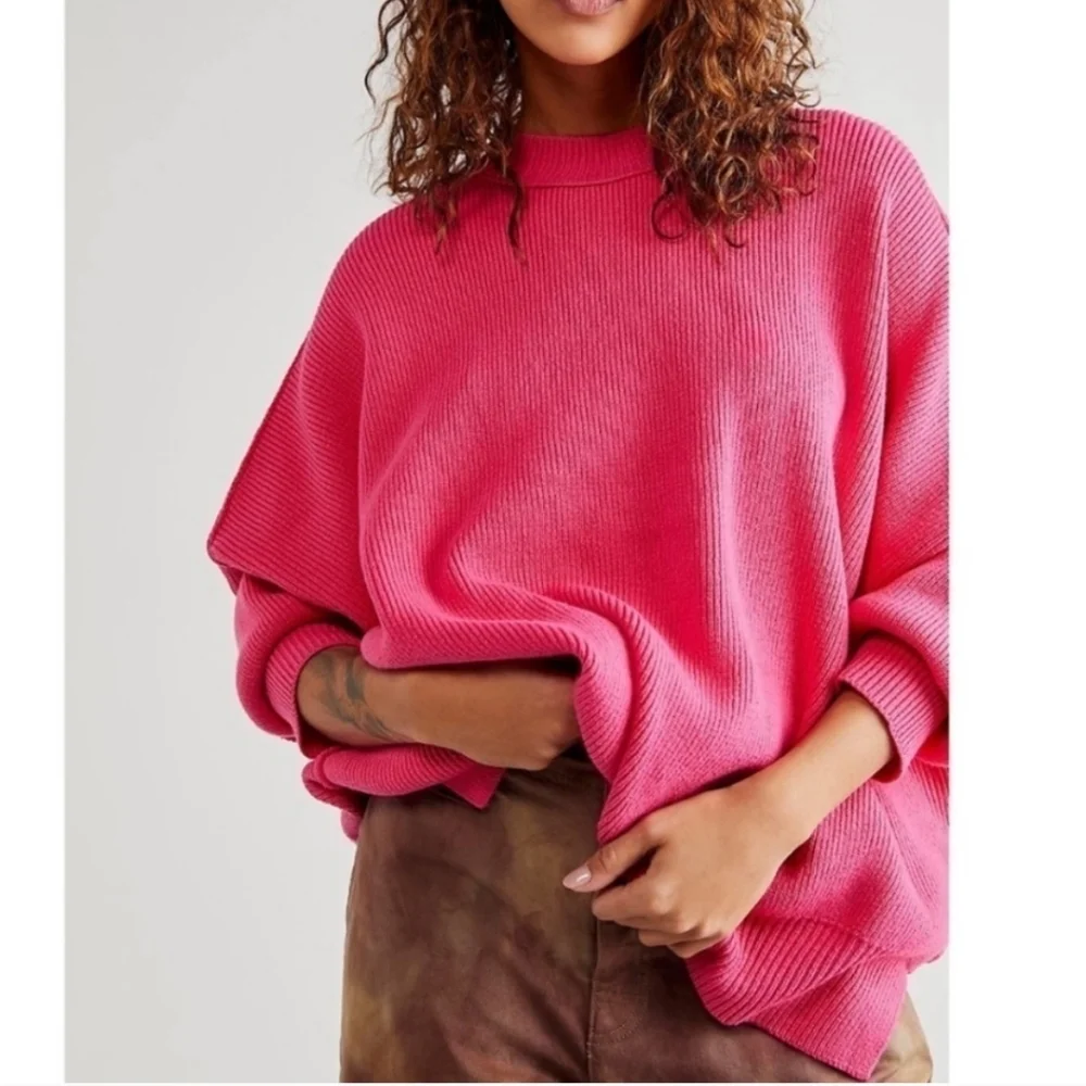 Free People Easy Street Oversized Bright Hot Pink Pullover Crewneck Sweater XL - Picture 10 of 11